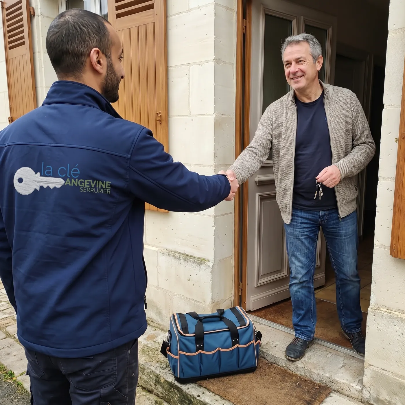 Illustration : un serrurier serre la main d'un habitant soulagé, devant sa porte rouverte